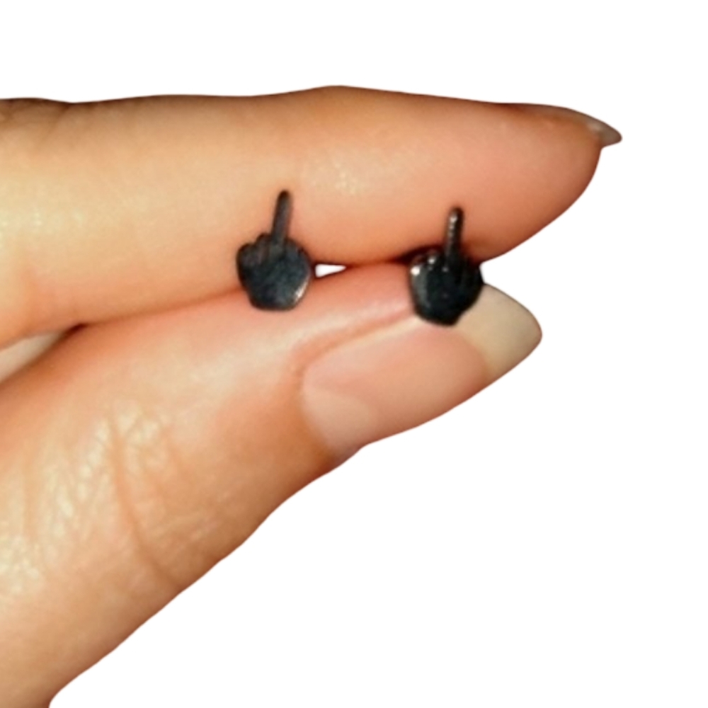 Black Fun Middle Finger Hand Post Earrings Statement Goth Humor Stud Metal Punk